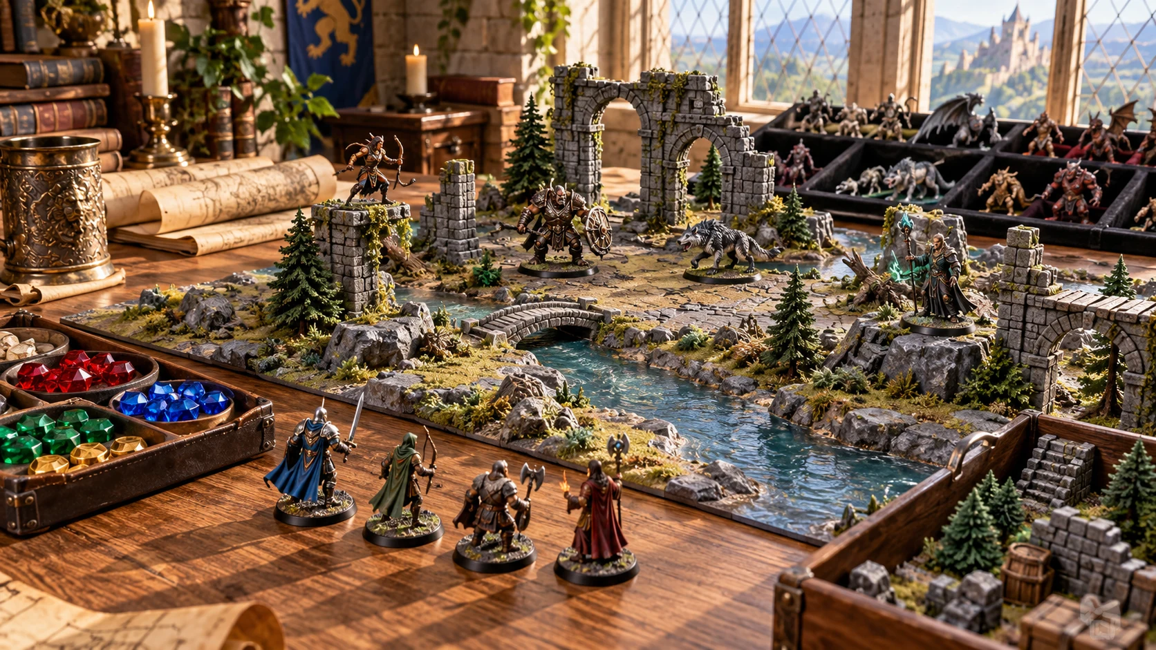 Tabletop illustration of miniatures, stone ruins and a river crossing in a fantasy encounter
