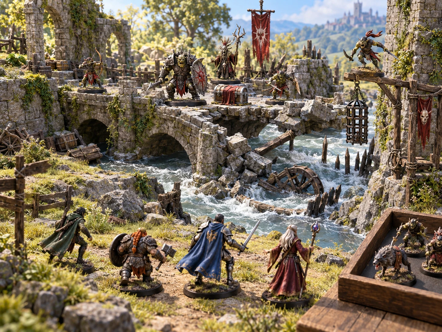 Tabletop illustration of adventurer miniatures approaching a guarded river crossing
