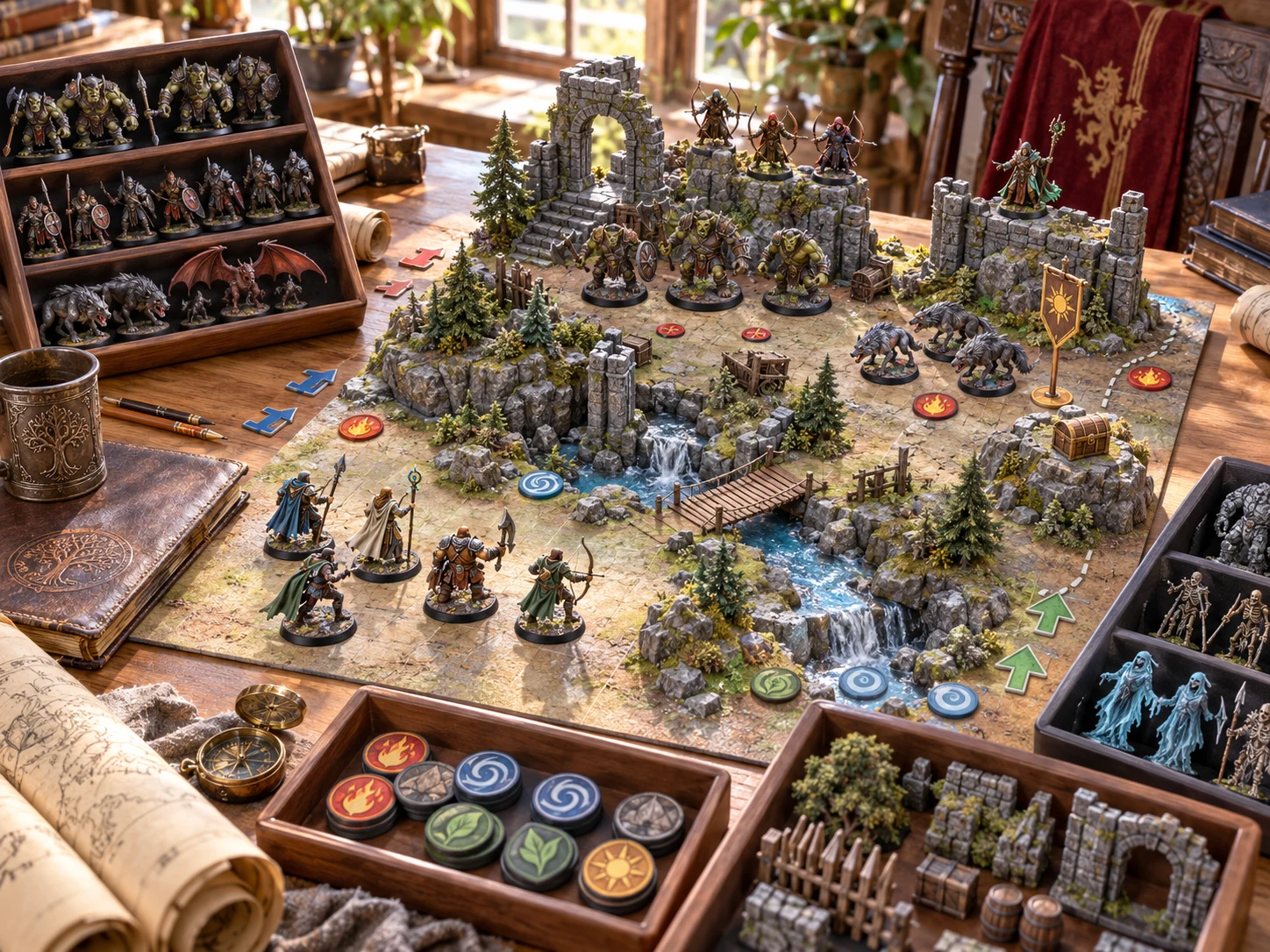 Tabletop illustration of opposing miniatures, terrain and counters around ruined stone arches